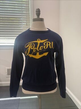Polo by Ralph Lauren Navy Crewneck Sweater with Yellow Anchor Script